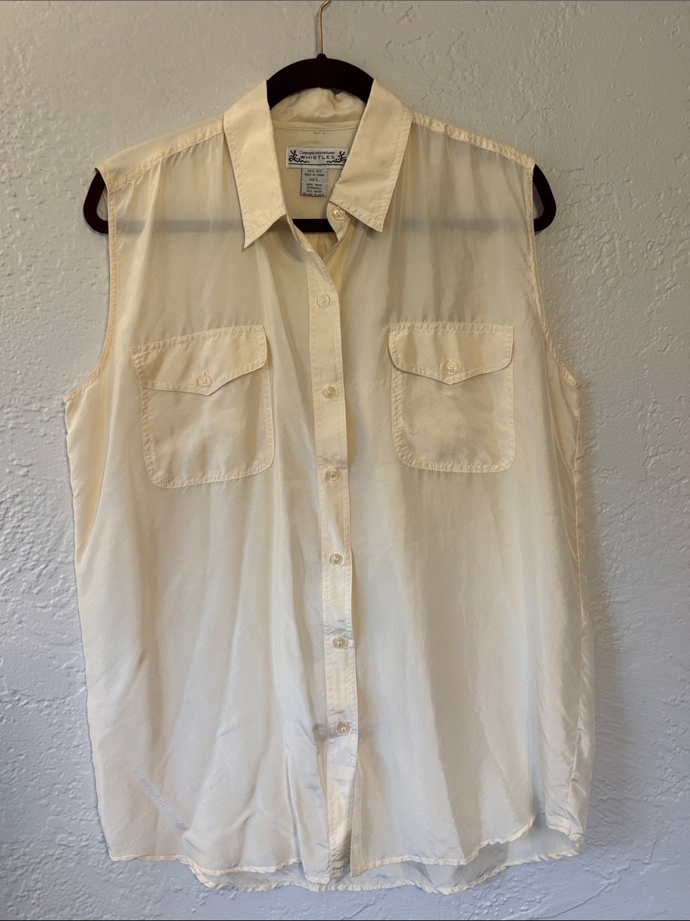 Vintage Whistles 100% Silk Sleeveless Button-Down Butter Yellow Tunic Top L